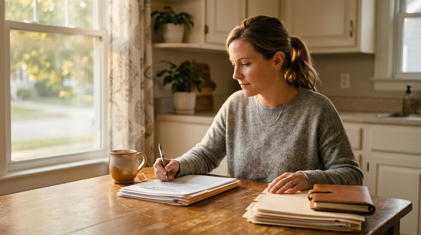 Person calmly reviewing divorce paperwork at a kitchen table with a cup of tea