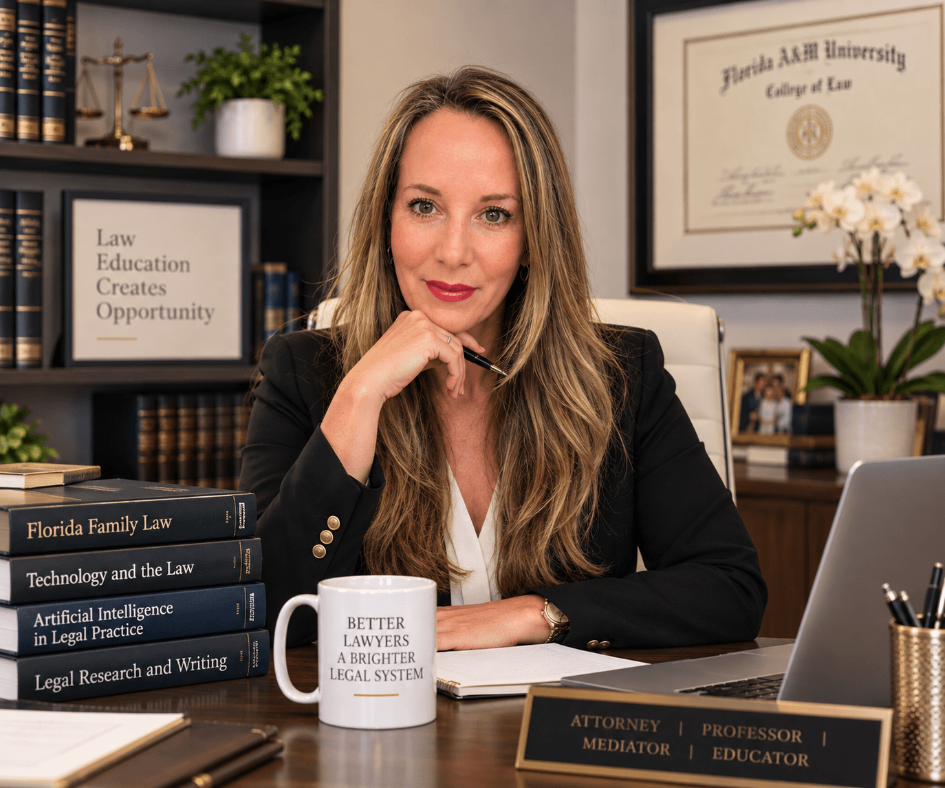 Irene Pons, lawyer and law professor, seated at her desk