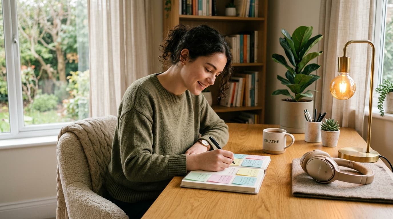 A calm, focused workspace with notebook, sticky notes and headphones — designed for how your brain actually works