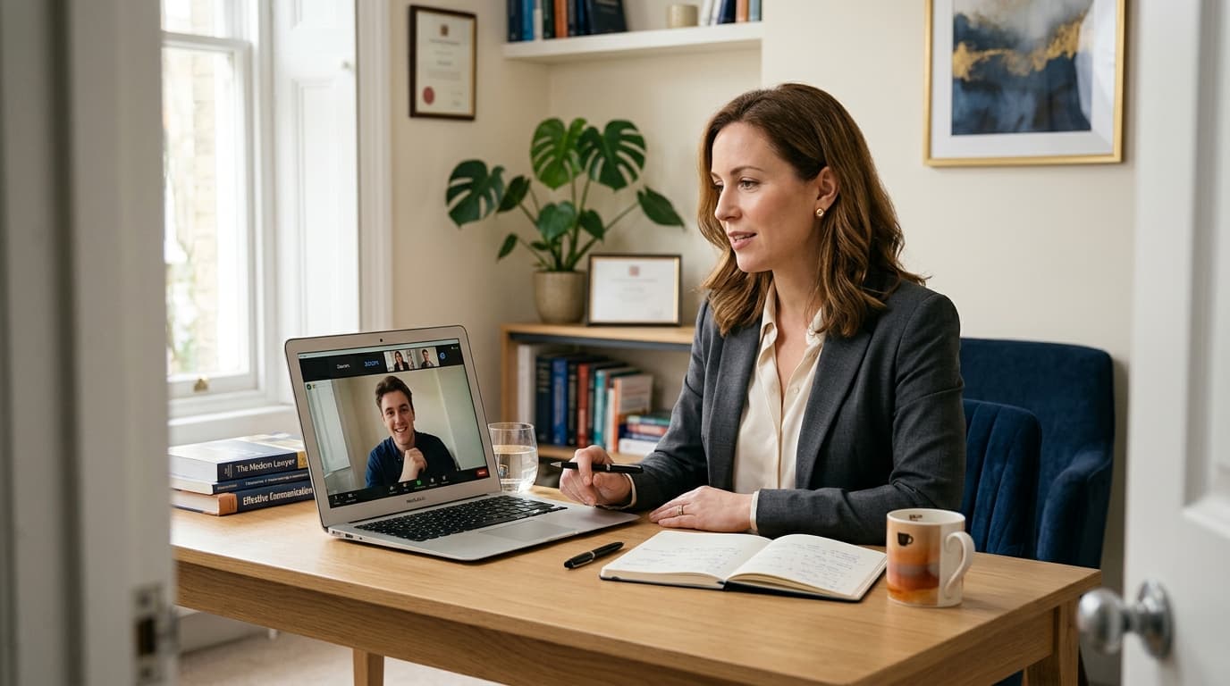 Lawyer coaching session — a one-on-one video call at a calm, organized desk